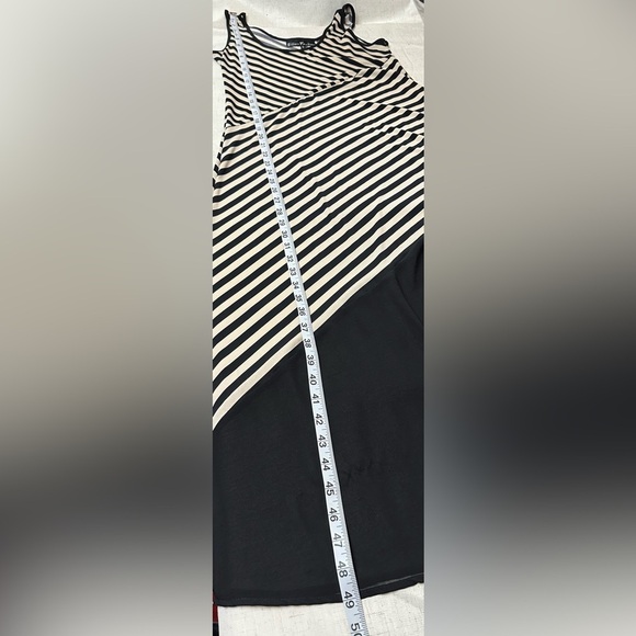 Ellen Parker dress sleeveless stretchy white/black stripes sheer black trim - Picture 6 of 13